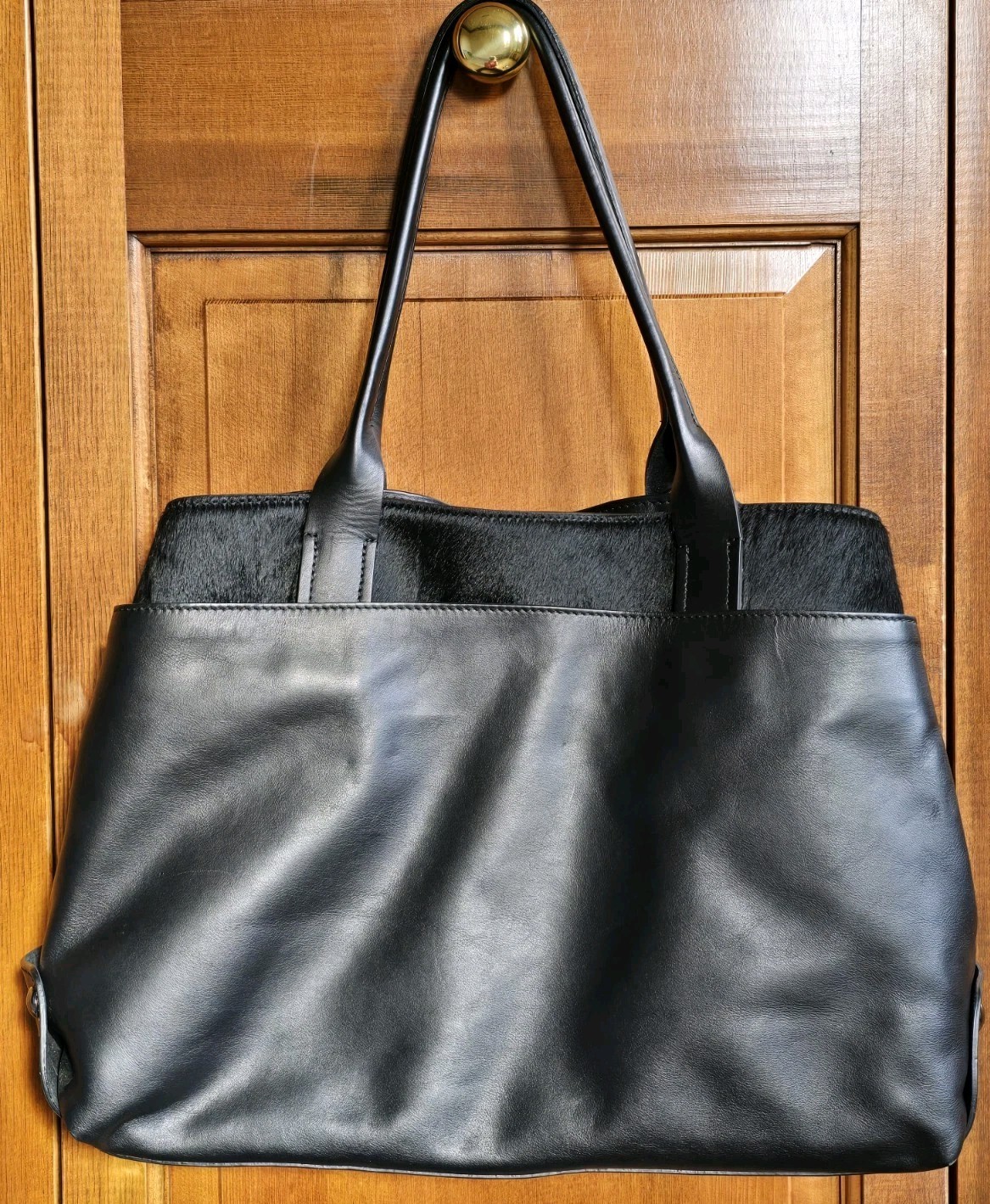 A. Bellucci Black Leather With Calf Hair Accent Convertible Tote Handbag Italy