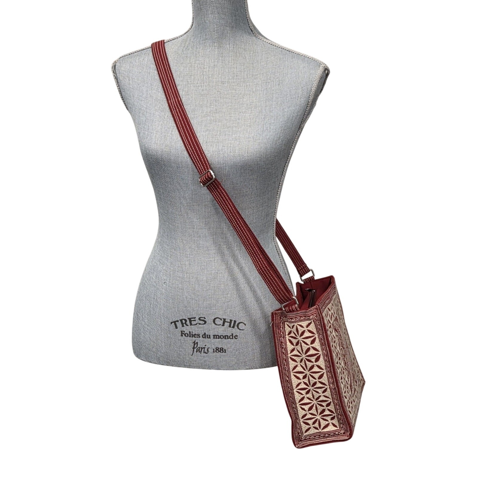 Vintage Embroidered Box Bag Burgundy Ivory Folk Art Crossbody Travel Purse
