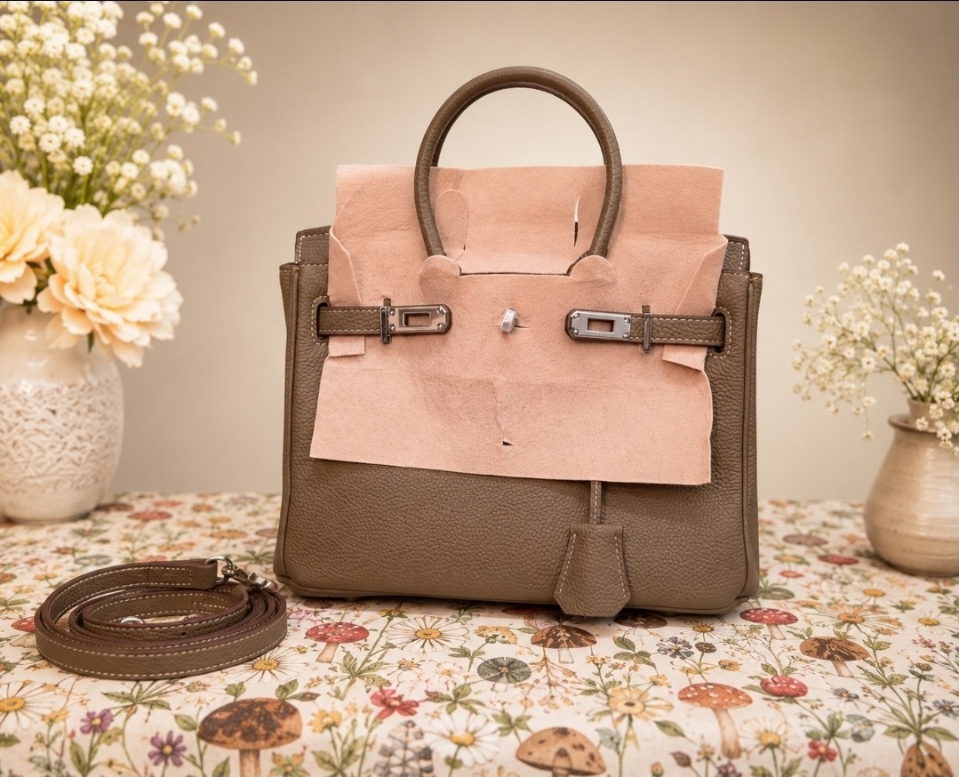 25cm Top-Grain Etoupe Leather Satchel With Crossbody Strap