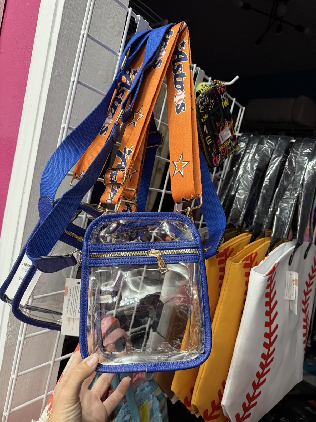 Houston Astros Clear Crossbody Bag Blue/Orange Strap, Zip Closure, Small