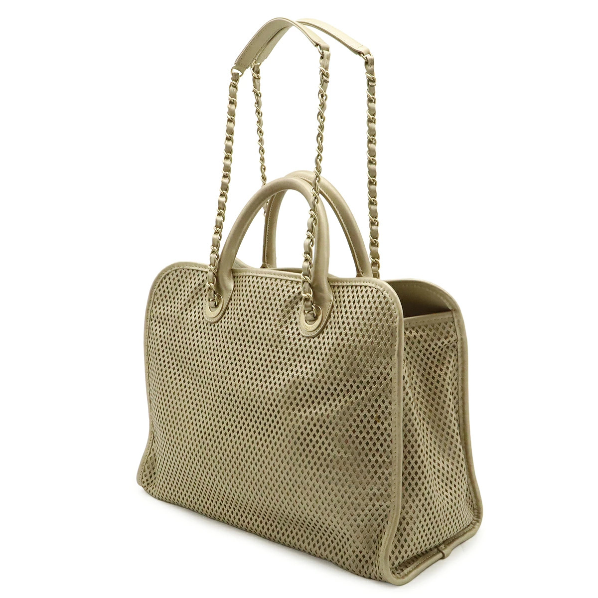 Chanel French Riviera A67654 Tote Check Leather ChampagneGold Unisex Bag #BLB795