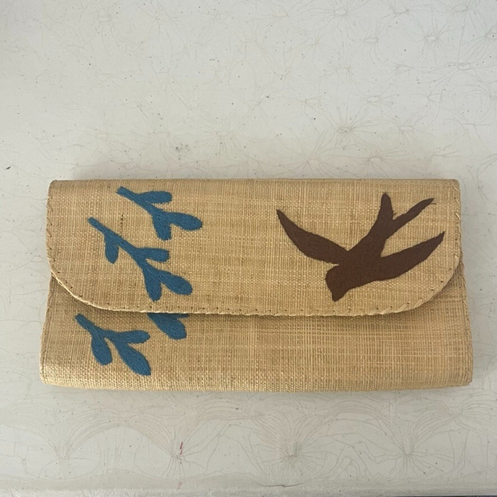 Mad Imports Clutch Handmade Madagascar Woven Straw Tan Embroidered Bird Leaf