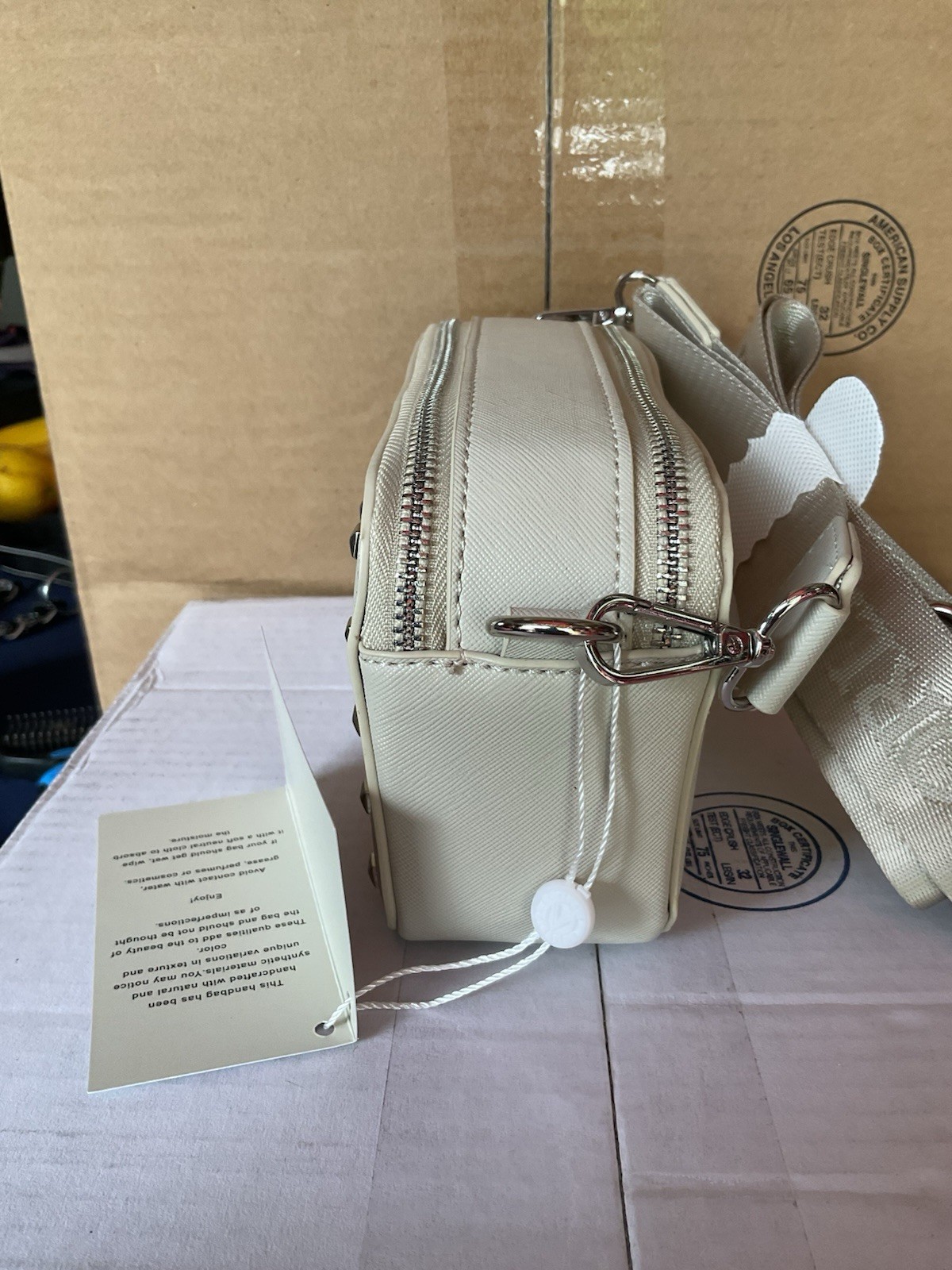 Valentino Orlandi Cream Small Studded Crossbody Bag Zip Closure Silver Hardware
