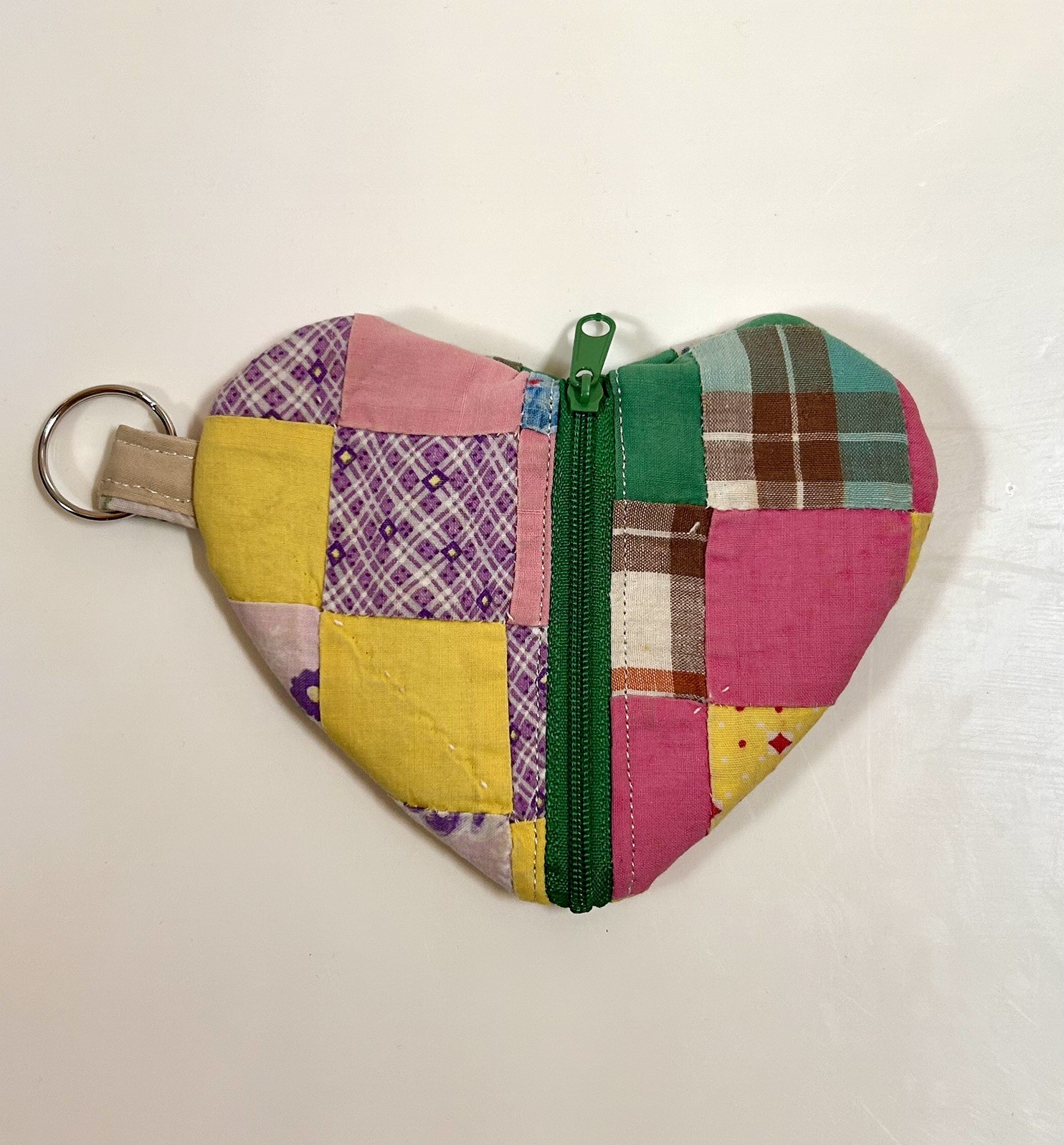 Handmade Hand Stitched Quilted Heart Zipper Pouch Key Chain Purse Charm