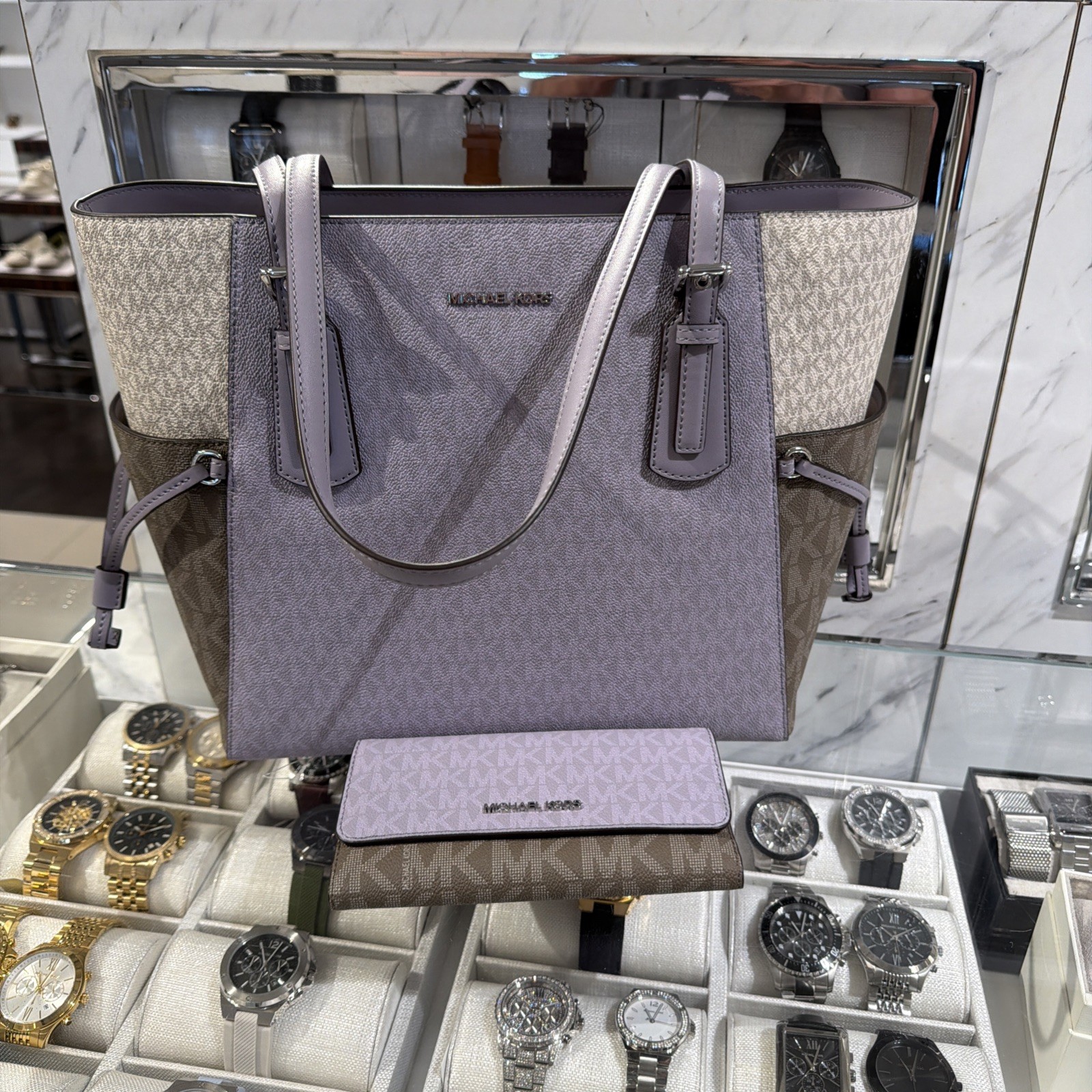 Michael Kors Large Voyager Handbag Purse Tote & Large Trifold Wallet Set Lilac