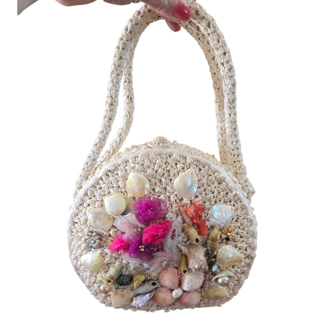 Cream Crochet Bag shells and floral/ beach vacation purse Boho. Unique Rare