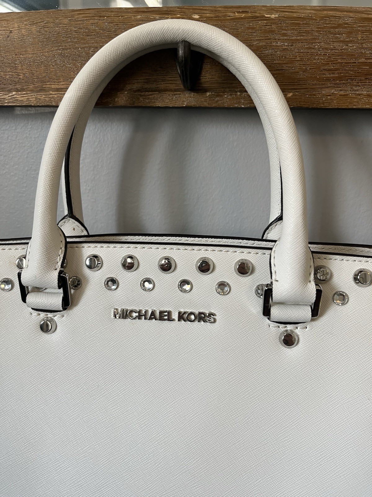 Michael Kors Selma Stud Medium Satchel White Leather Silver Studs Bag
