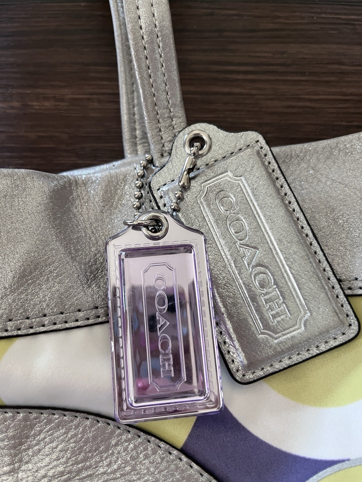 Coach Juliet op art Multicolor Logo Zip Tote Bag Metallic Silver Hardware Charm