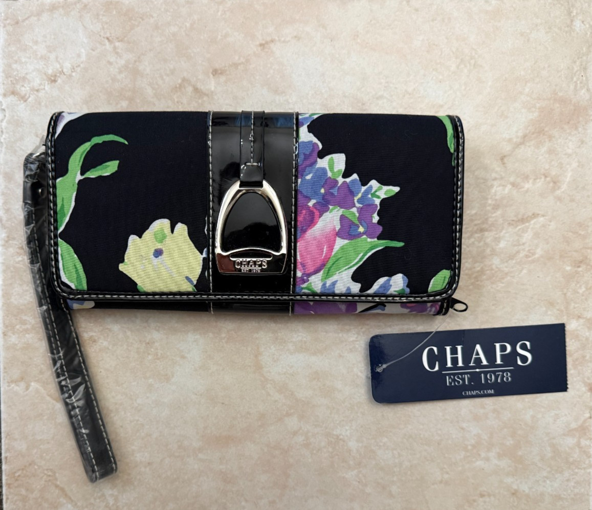 Chaps Women’s Floral Wristlet Wallet – Elegant Black Faux Leather Zip Clutch