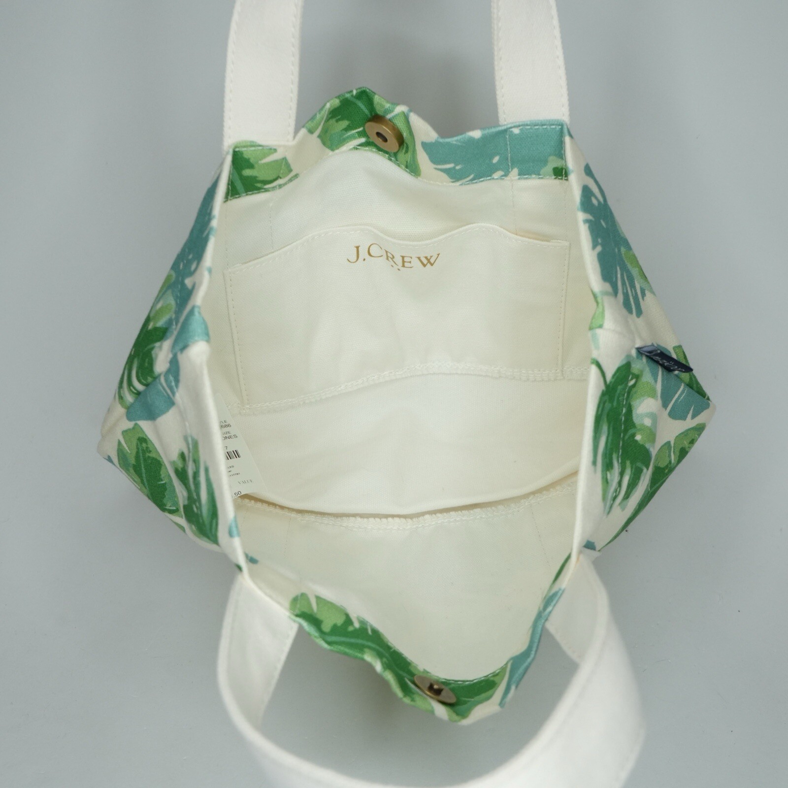 J. Crew Mini Structured Canvas Tote Bag Ivory Monstera Green Beige NWT