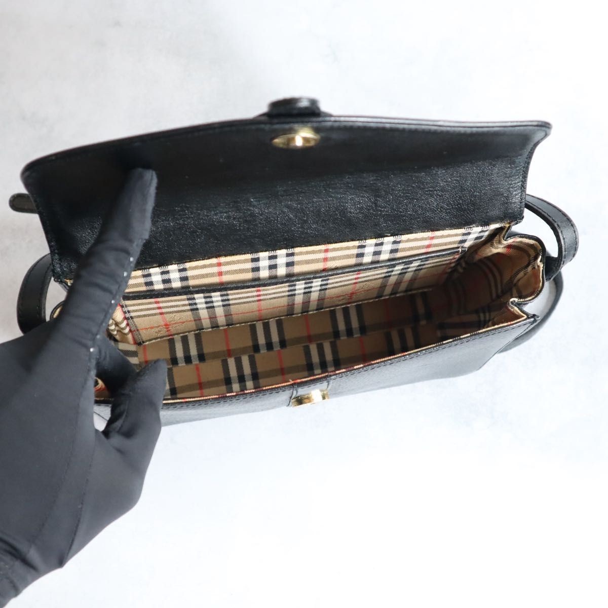 BURBERRY Vintage Flap Shoulder Bag Nova Check Black Leather