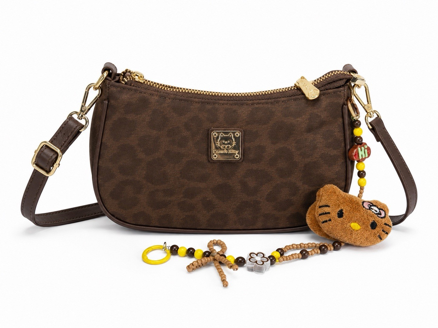 Cow & Kitty Brown Leopard Print Shoulder Bag with Plush Charm Women’s Purse