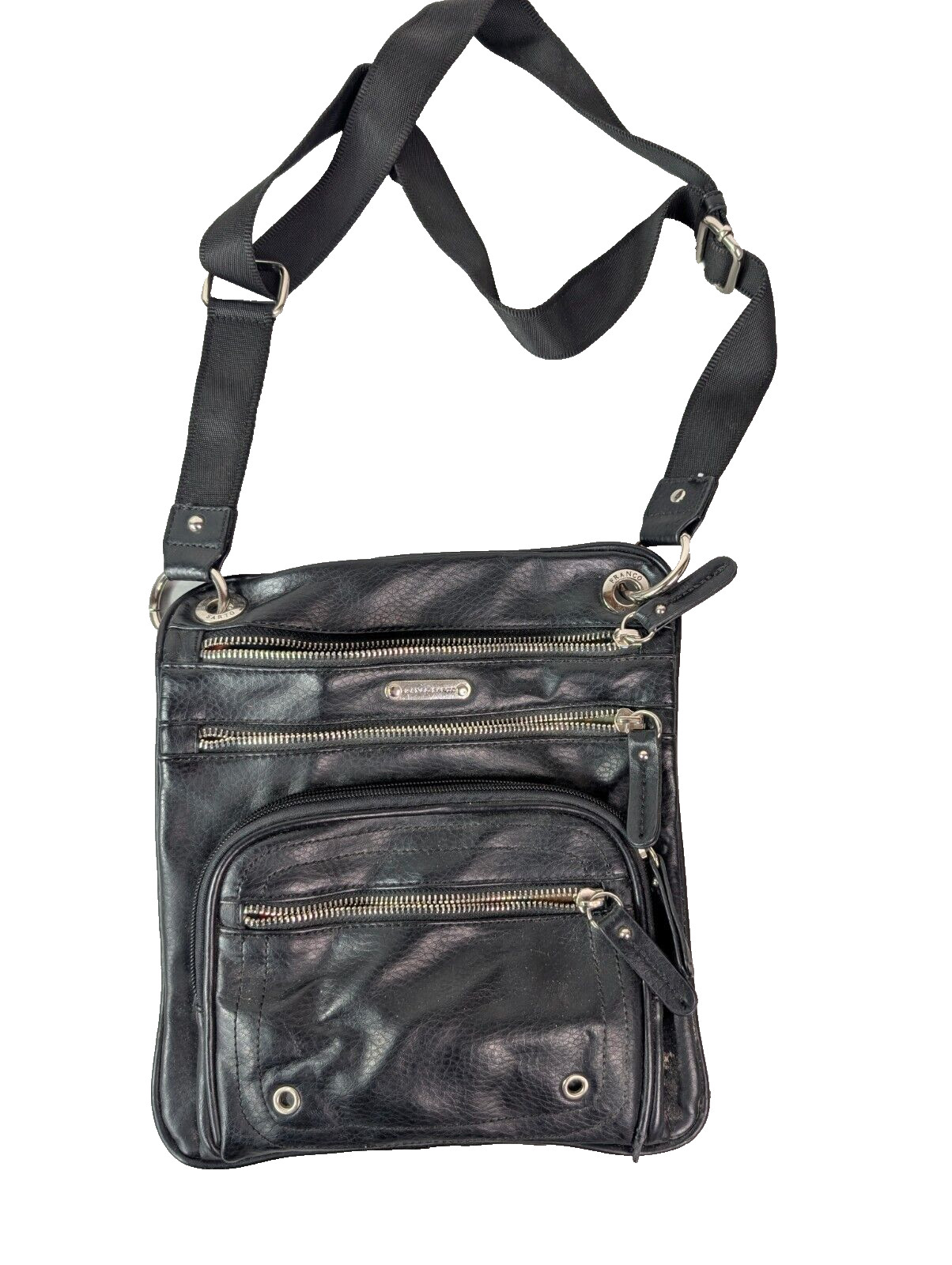 Franco Sarto Black Faux Leather Crossbody Bag Women’s Zip Multiple Pockets Goth