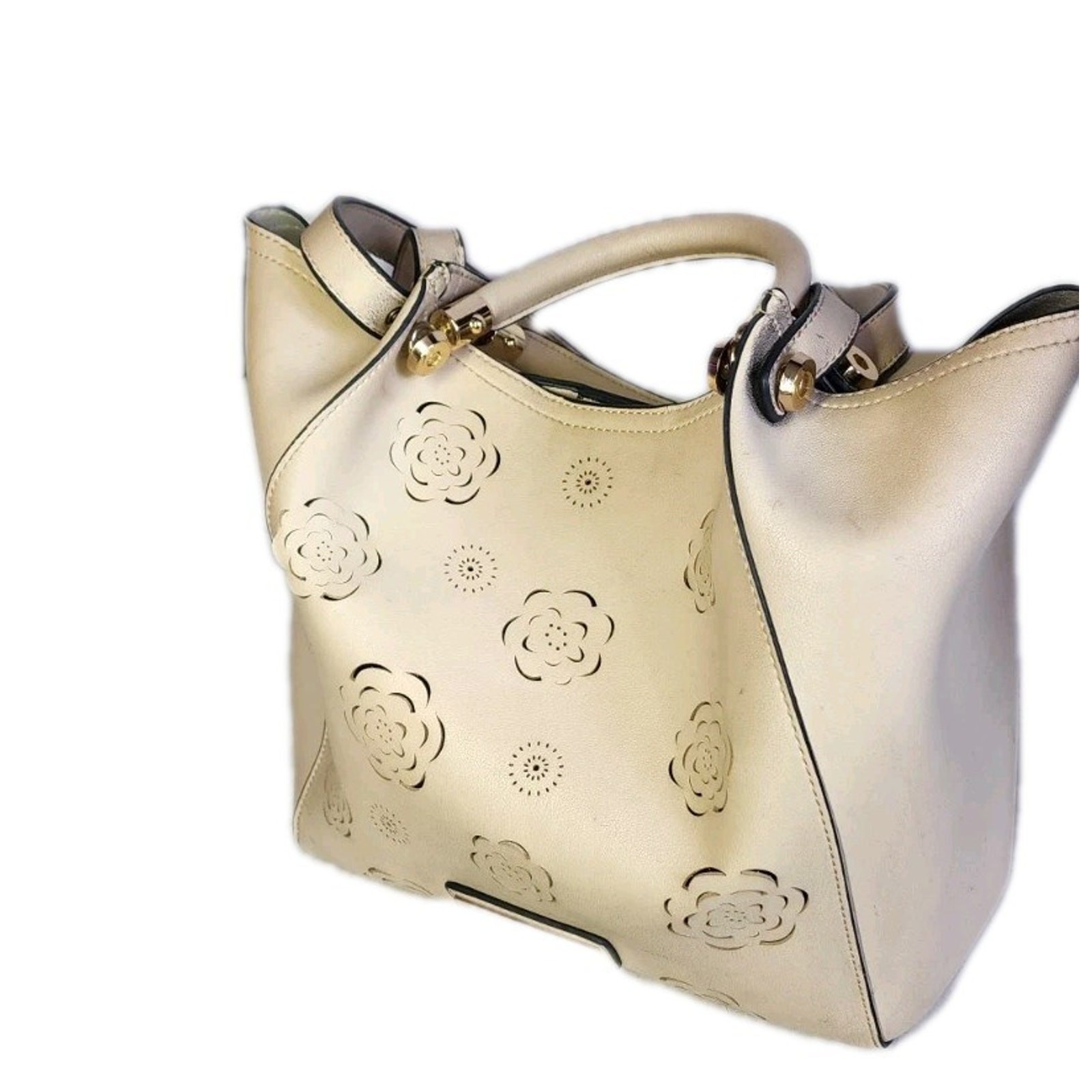 Marc New York Andrew Marc Beige Flower Cut Out Hobo Bag Purse Gold Hardware
