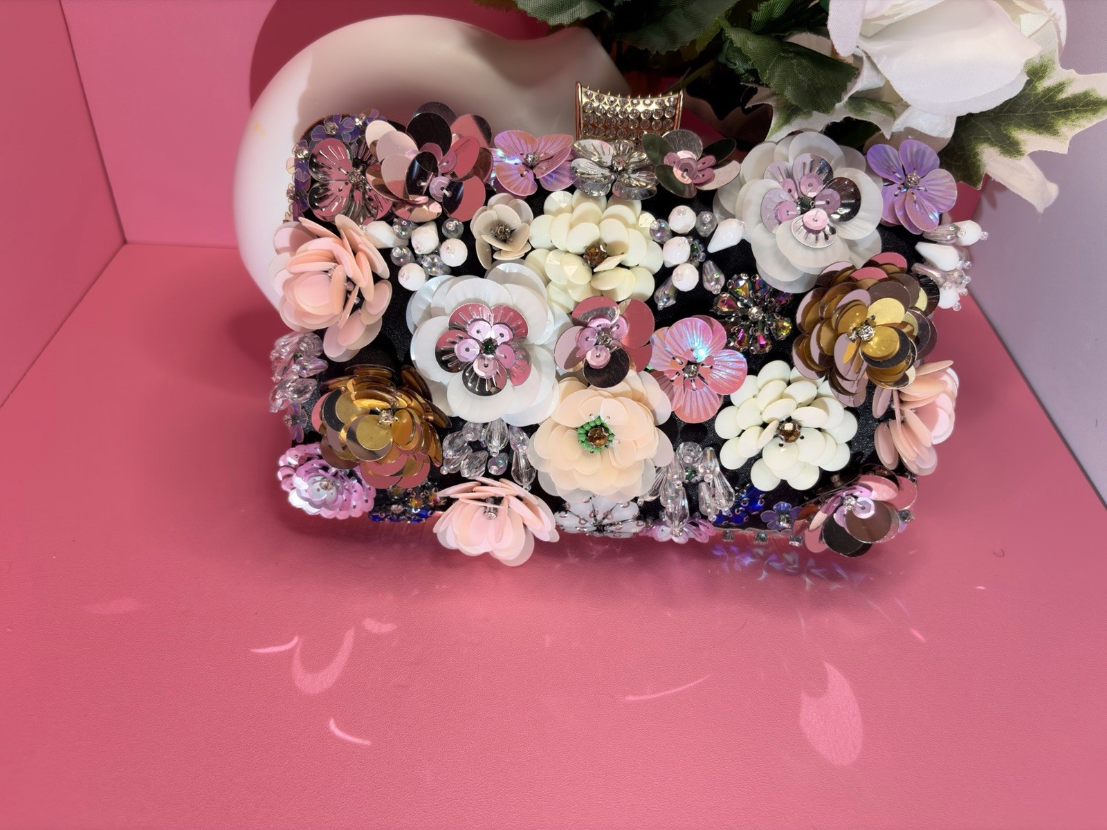 Multicolor Floral Beaded Sequin Embroidered Rectangle Clutch Gold Clasp