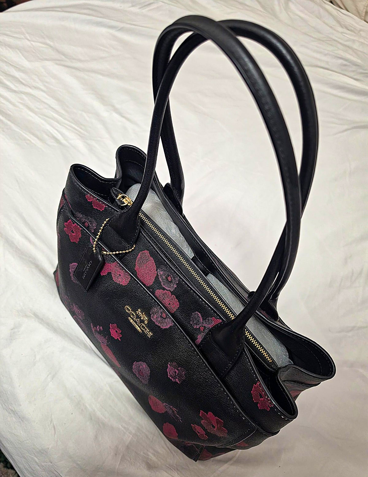 Coach Black Floral Medium Tote Bag Zip Closure Gold Hardware Logo Charm