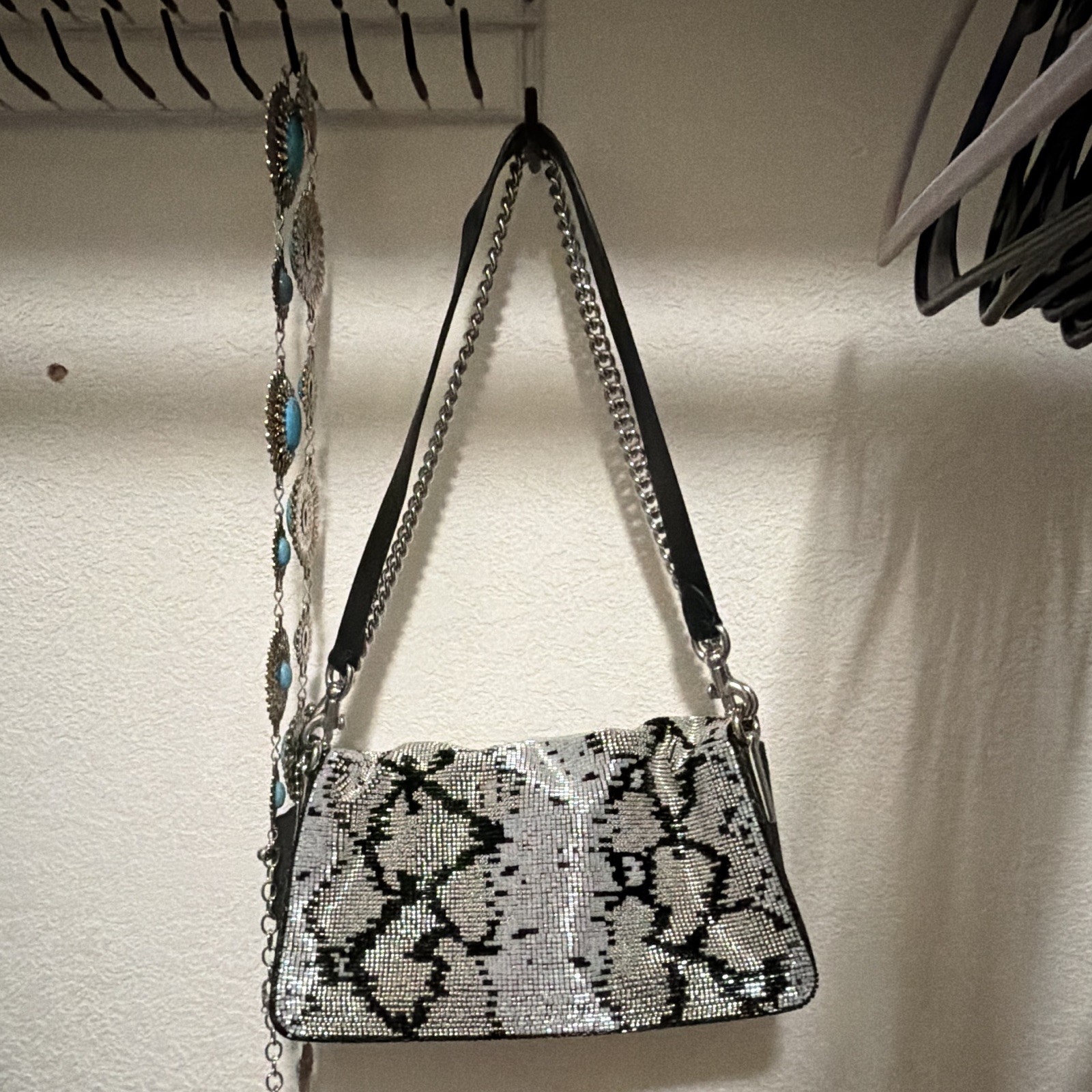 Coach Small Snake Print Shoulder Bag Black/Gray Silver Turn Lock Chain Strap
