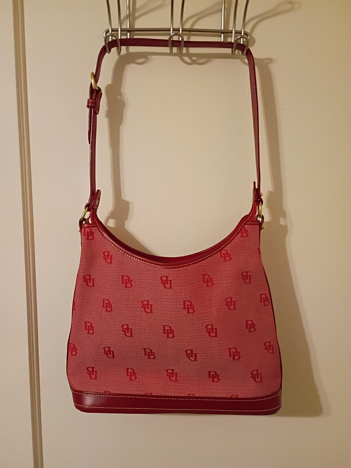 Dooney and Bourke Vintage Red Signature DB Monogram Canvas Hobo Ex Condition