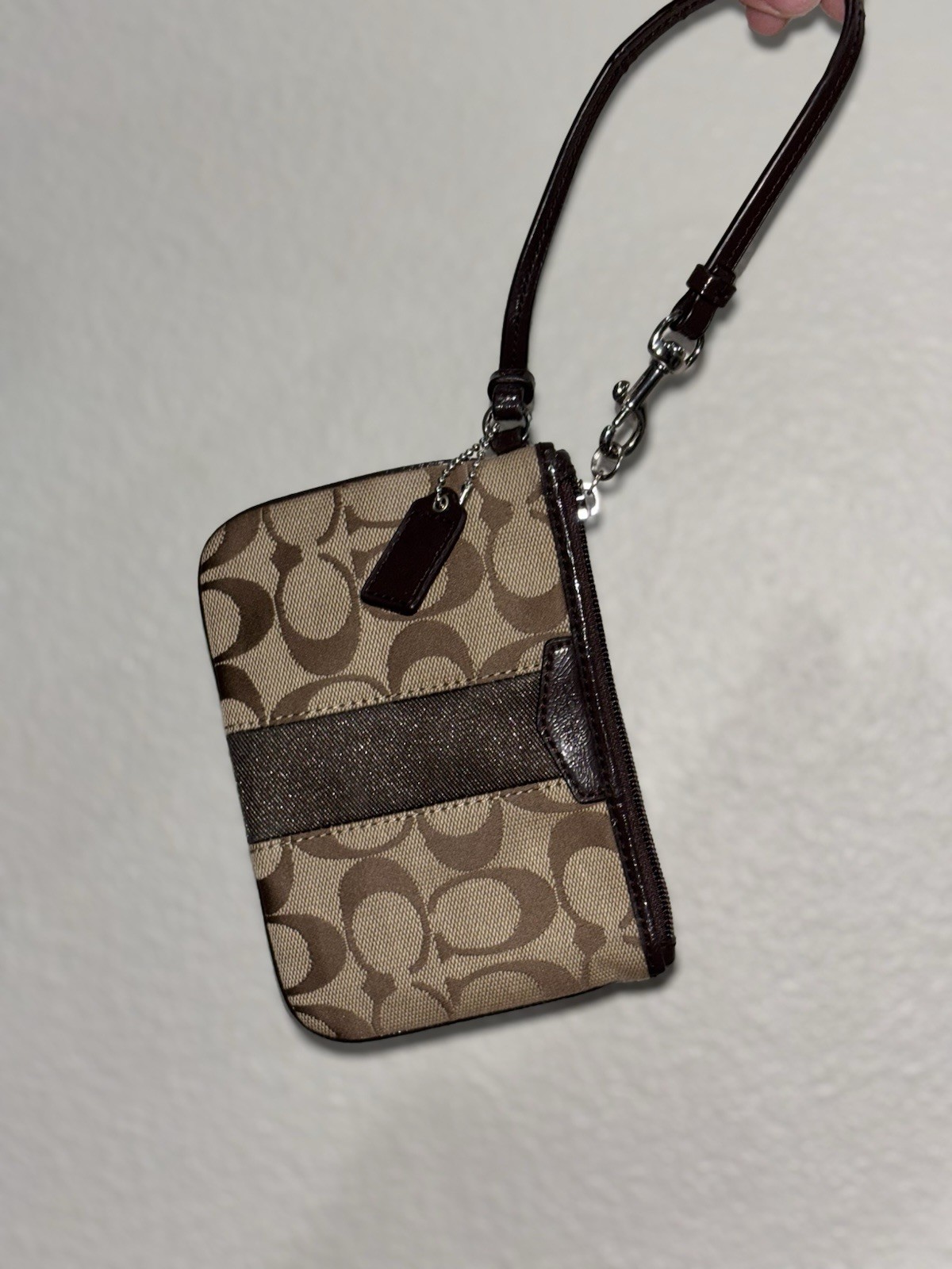 Coach Signature Brown Beige Wristlet Zip Lined Inner Pockets Silver Hardware