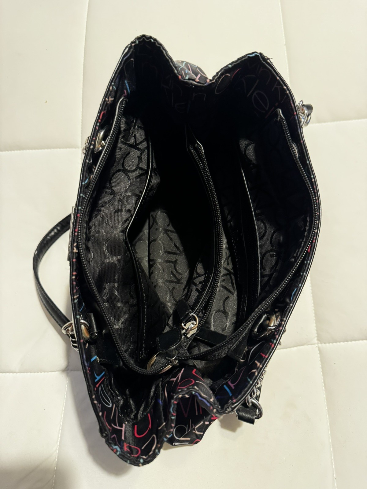Calvin Klein Black Multicolor Logo Print Nylon Tote Shoulder Bag Zip Top