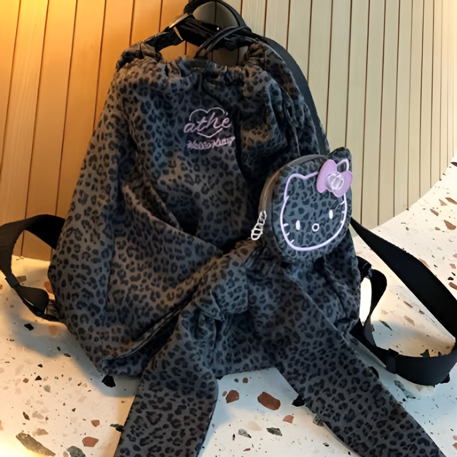 ATHE Vanessa Bruno x Hello Kitty Le Bon Leopard Gray Backpack Shoulder Bag S
