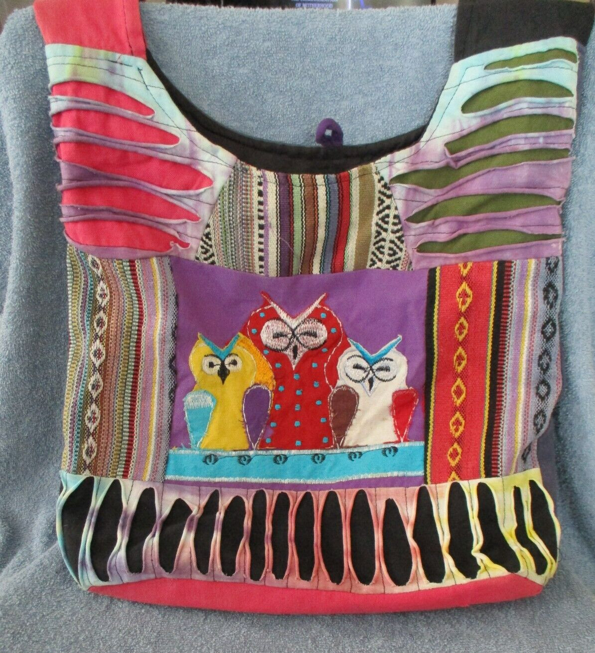 Nepal Cotton Purse Owls Crossbody Hippie Boho Large Slouchy Pocket on Strap
