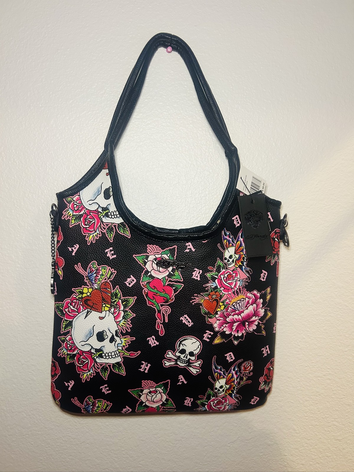 NWT ED HARDY Black Skull Floral Tattoo Tote Y2K Love Kills