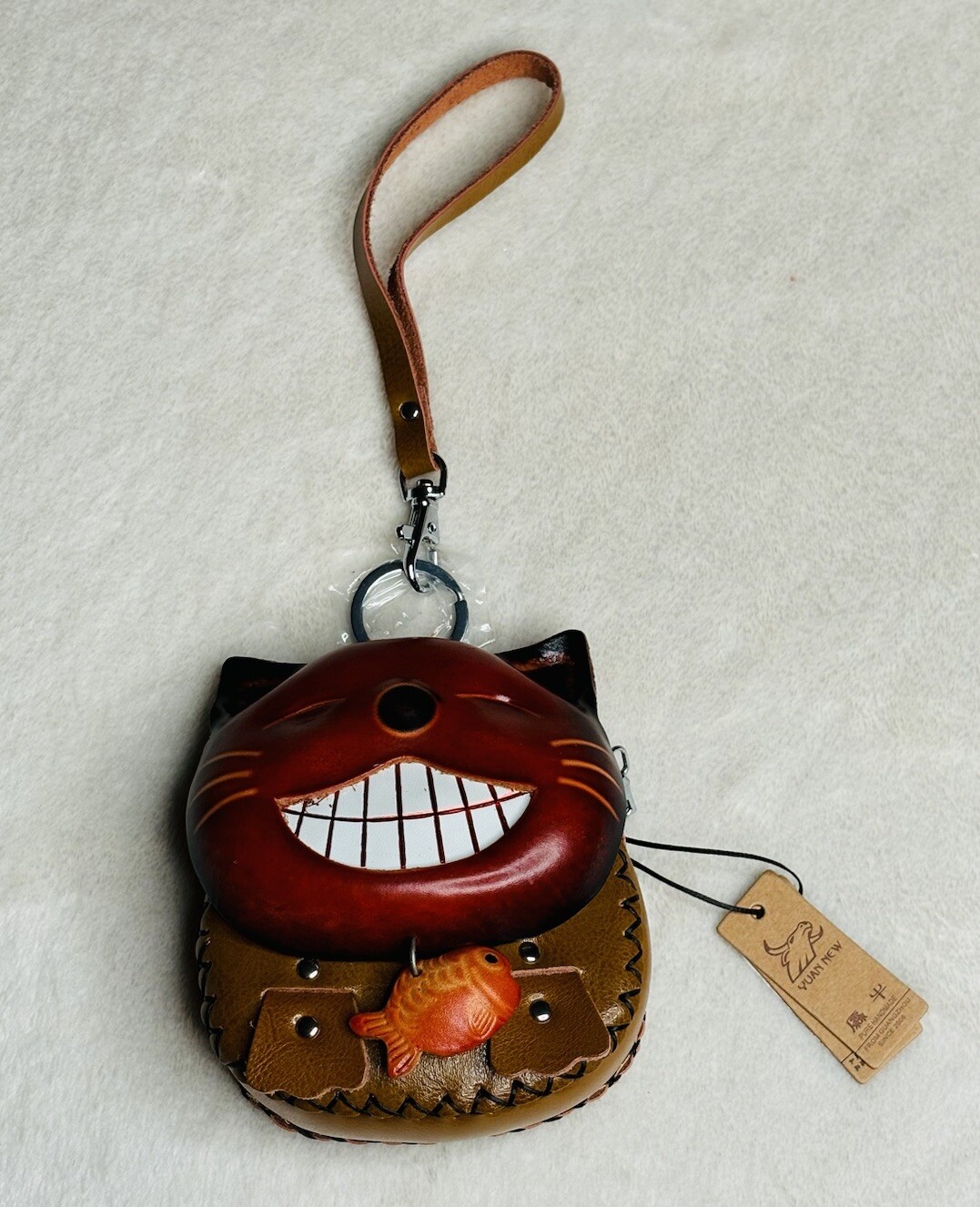 Handmade Leather Red Cat Fish Face Pouch Wristlet High Quality Zipper Mini Bag