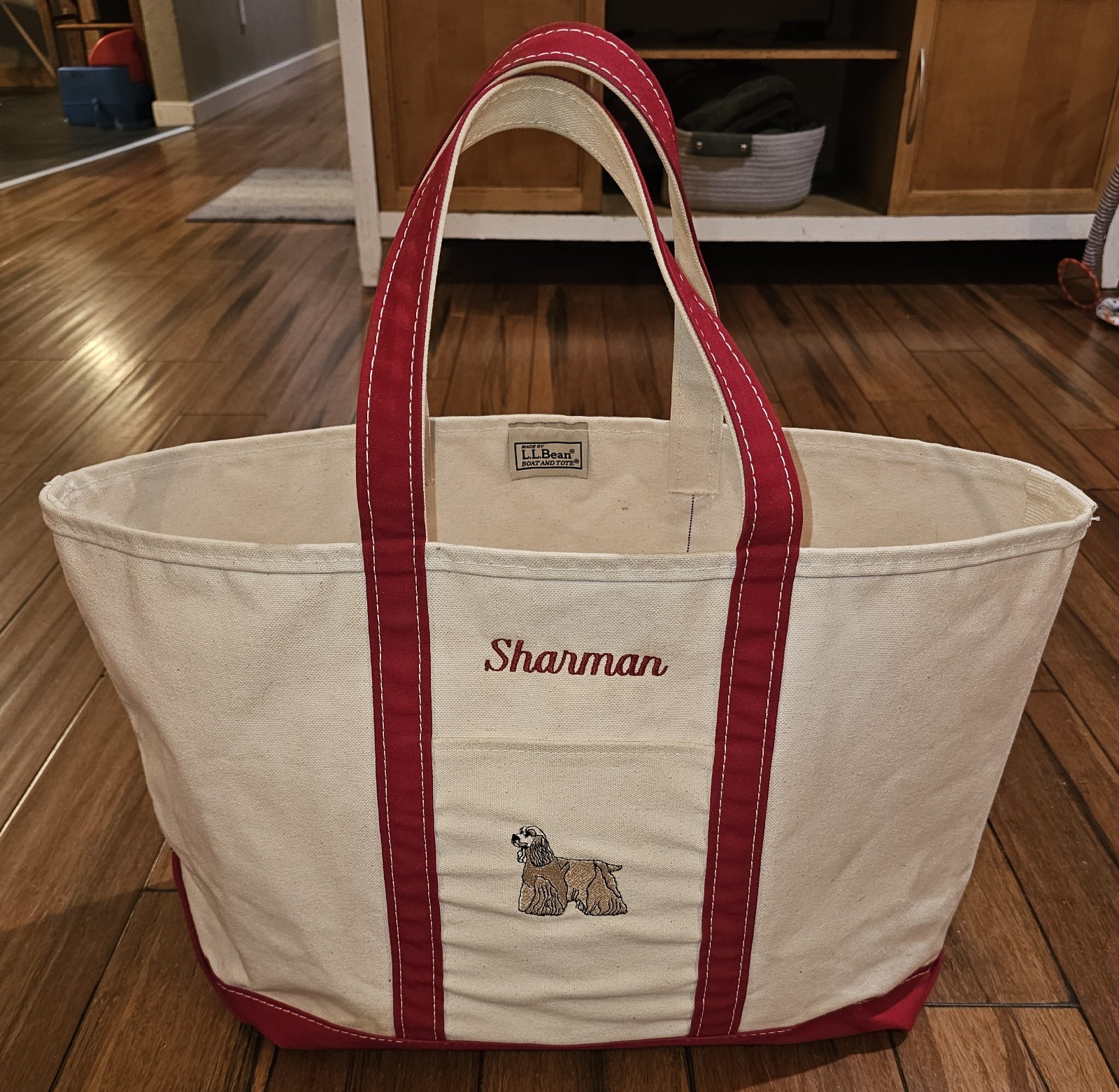 Vintage LL Bean Boat Tote X Extra Large Red Handles 23in x 14in Embroided Dog