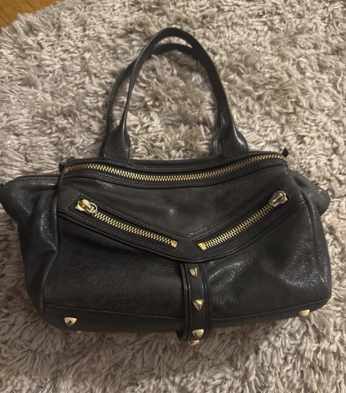 Botkier Black Satchel Top Handle Bag Zip Closure Gold Hardware Studded