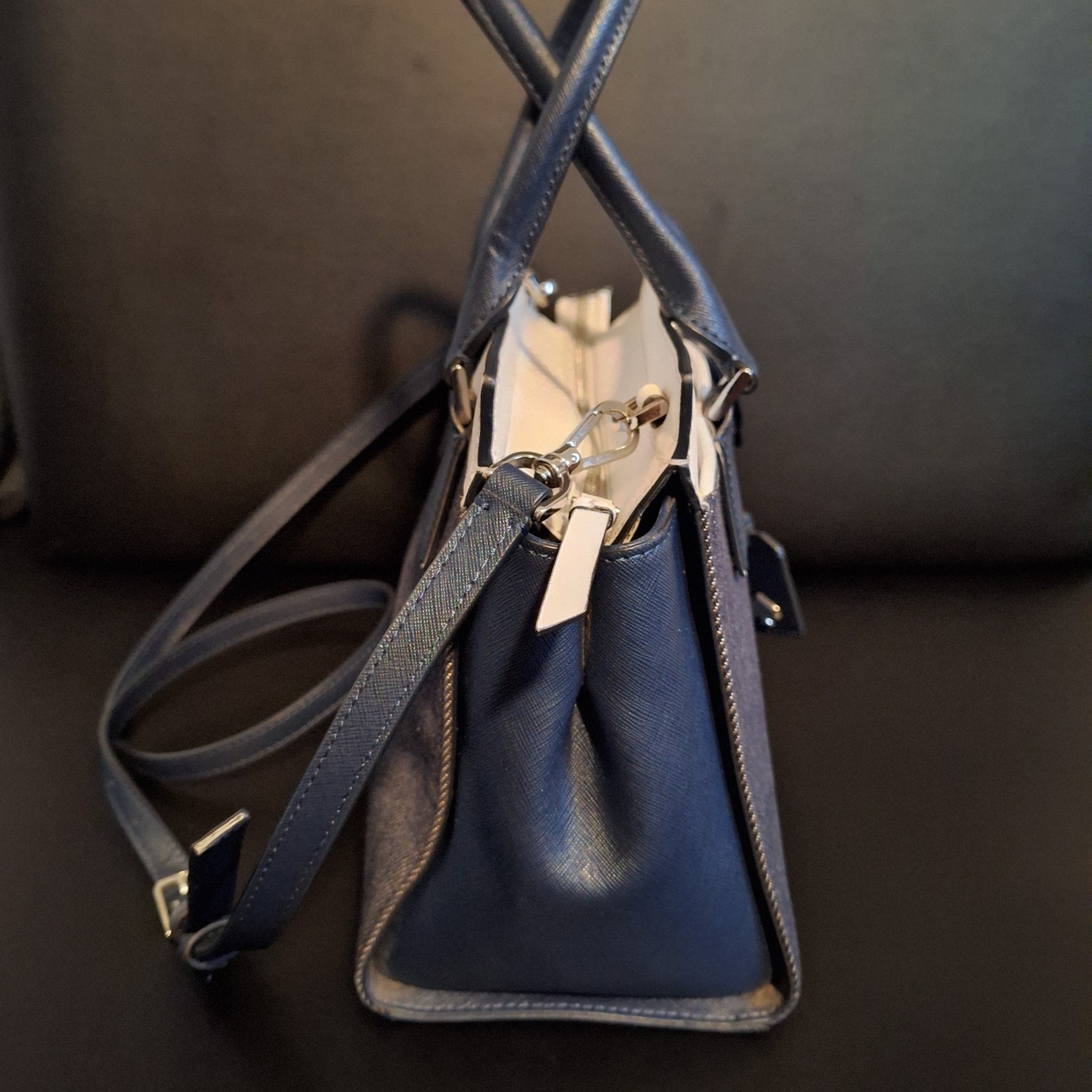 Kate Spade Cameron Denim Colorblock Medium Satchel Bag Navy White WKRU6757