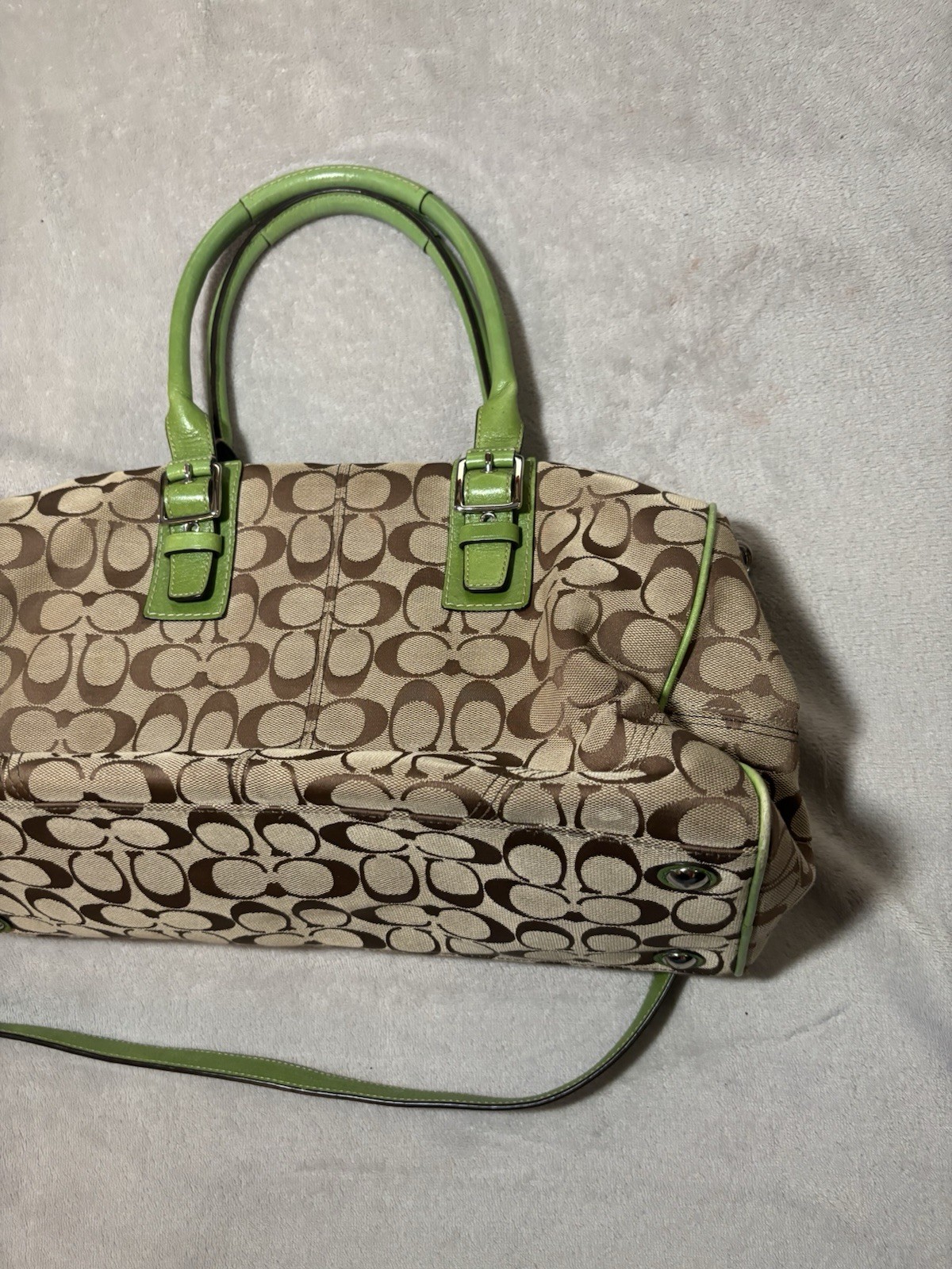 Rare Vintage Coach Hampton Nancy Signature Zebra Stripe Satchel Green Handbag