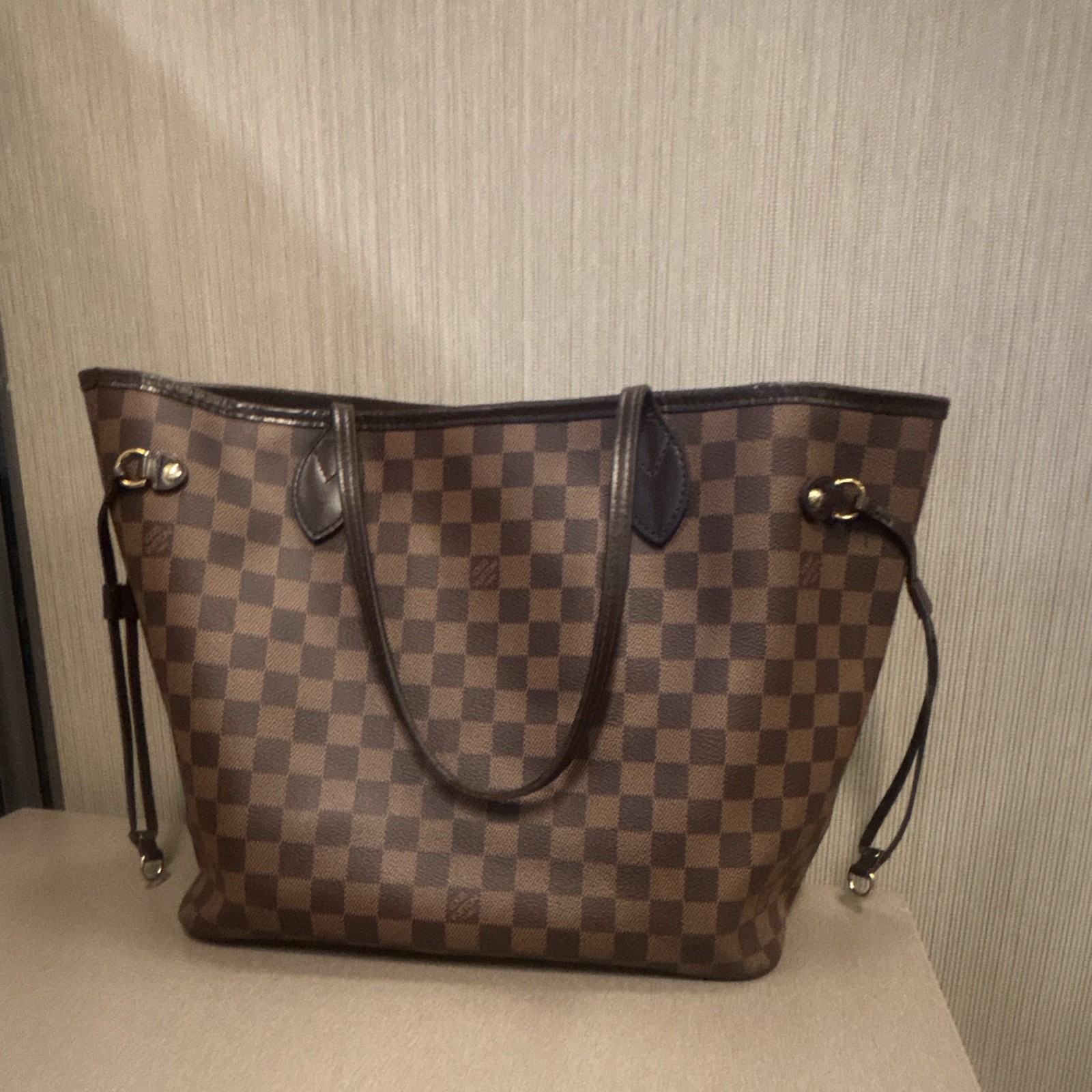 Louis Vuitton Neverfull MM Damier Ebene Tote Bag Brown Red Lining