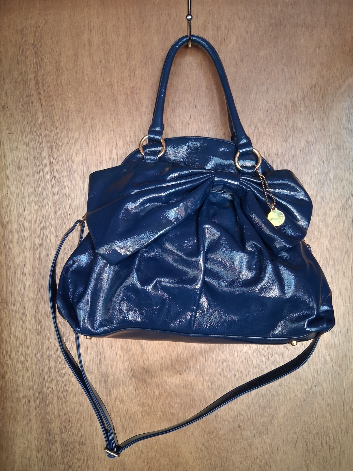 Buddha Boutique Navy Blue Patent Faux Leather Bow Satchel Shoulder Crossbody Bag