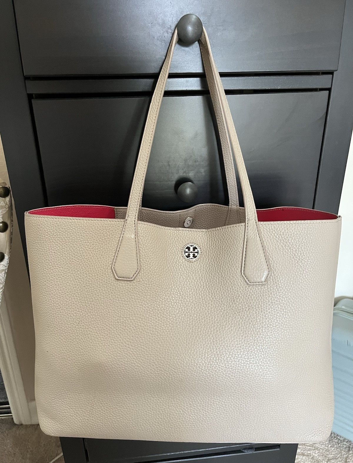 Tory Burch French Gray Tote w/ Pink Lining, Snap Closure, Dust Bag, Gold Logo