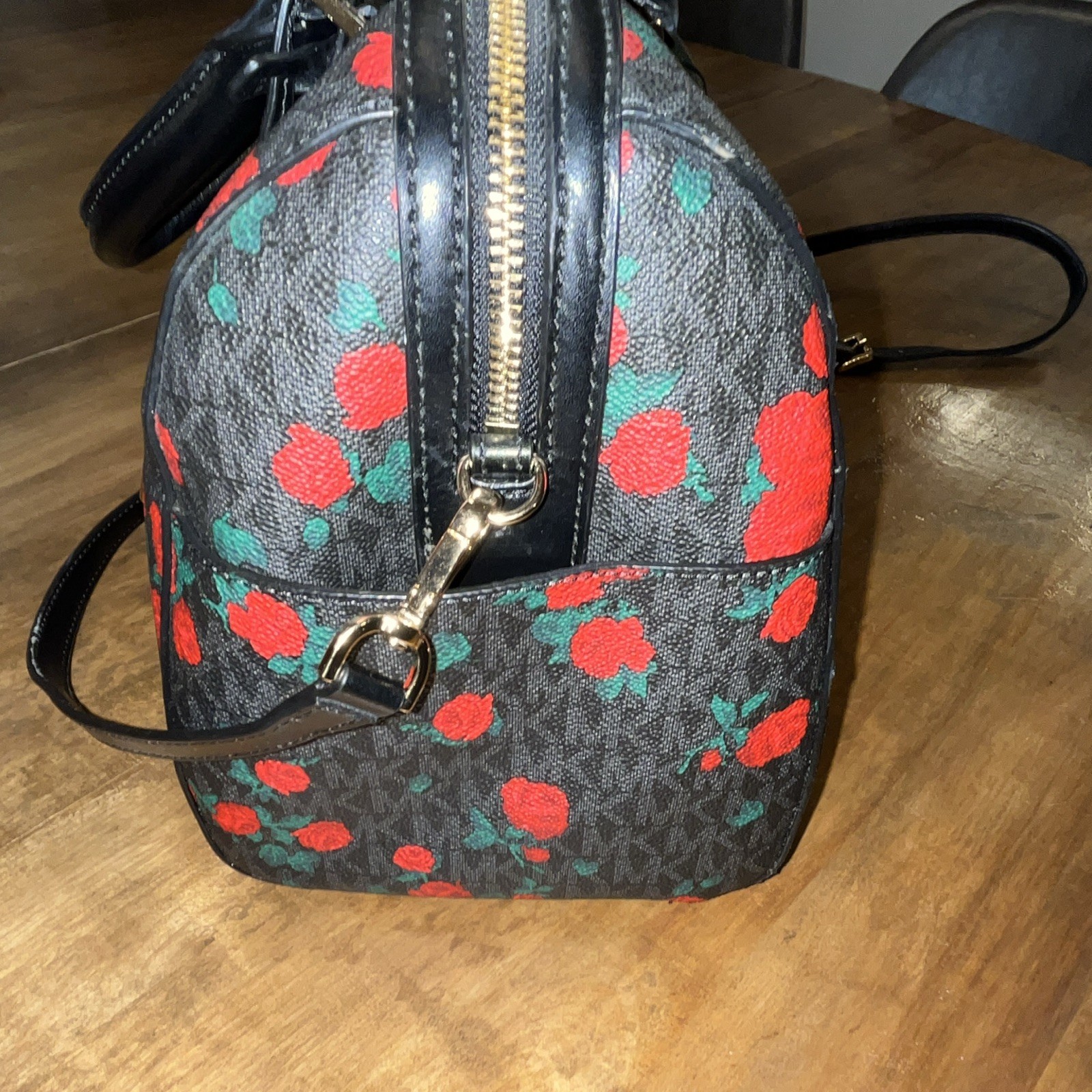 Michael Kors Hayes Black Red Rose Pebbled Leather Satchel MK