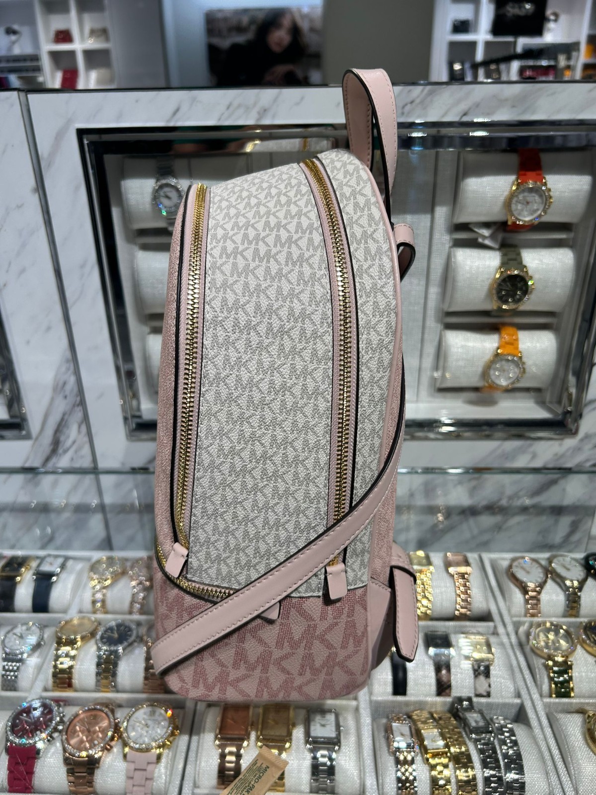 Michael Kors Rhea Medium Backpack Women PVC Bag + Bifold Wallet Set Powder Blush