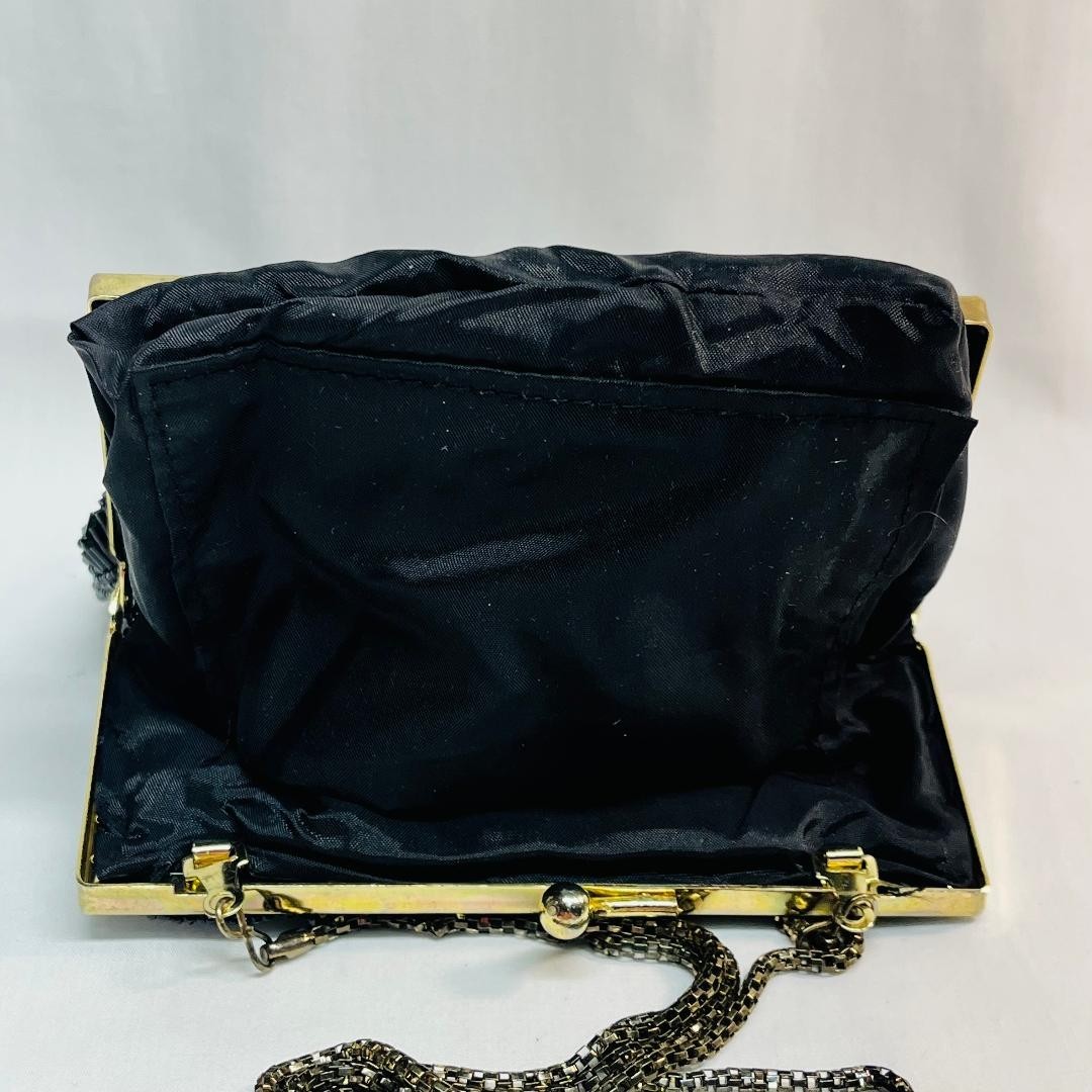 VTG Black Beaded Evening Bag Chain Shoulder Strap Pocket GoldTone3/4″Wx6″H*READ*