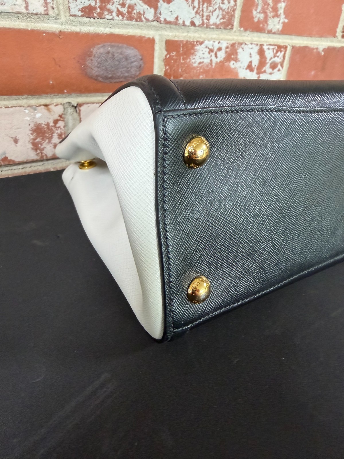 PRADA Black Saffiano Lux Bicolor Tote Small (FULL SET) Nero+Talco Leather Italy
