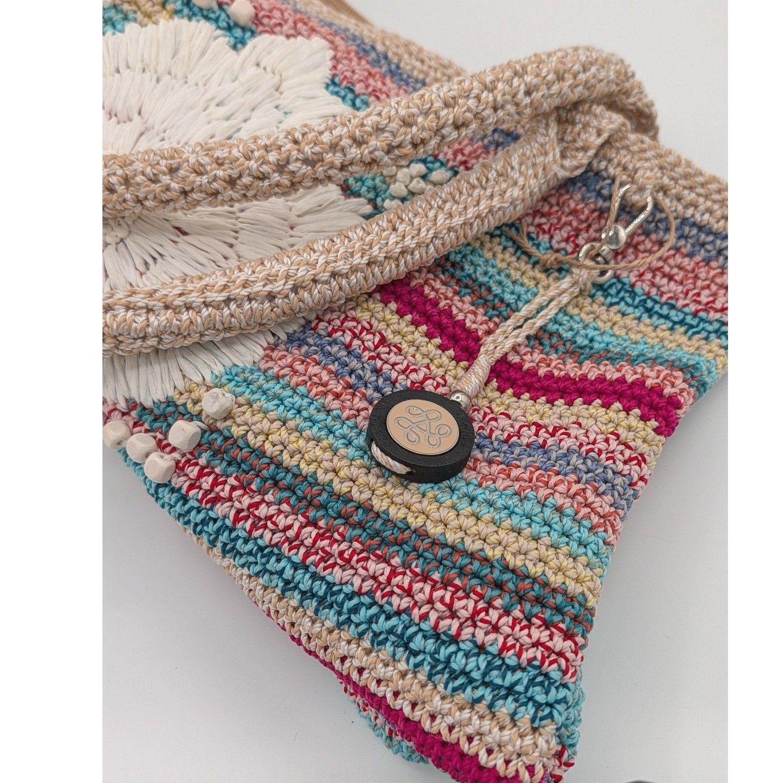 The Sak Crochet Tote Bag Multi Color Striped Floral Bead Boho Shoulder Bag Large