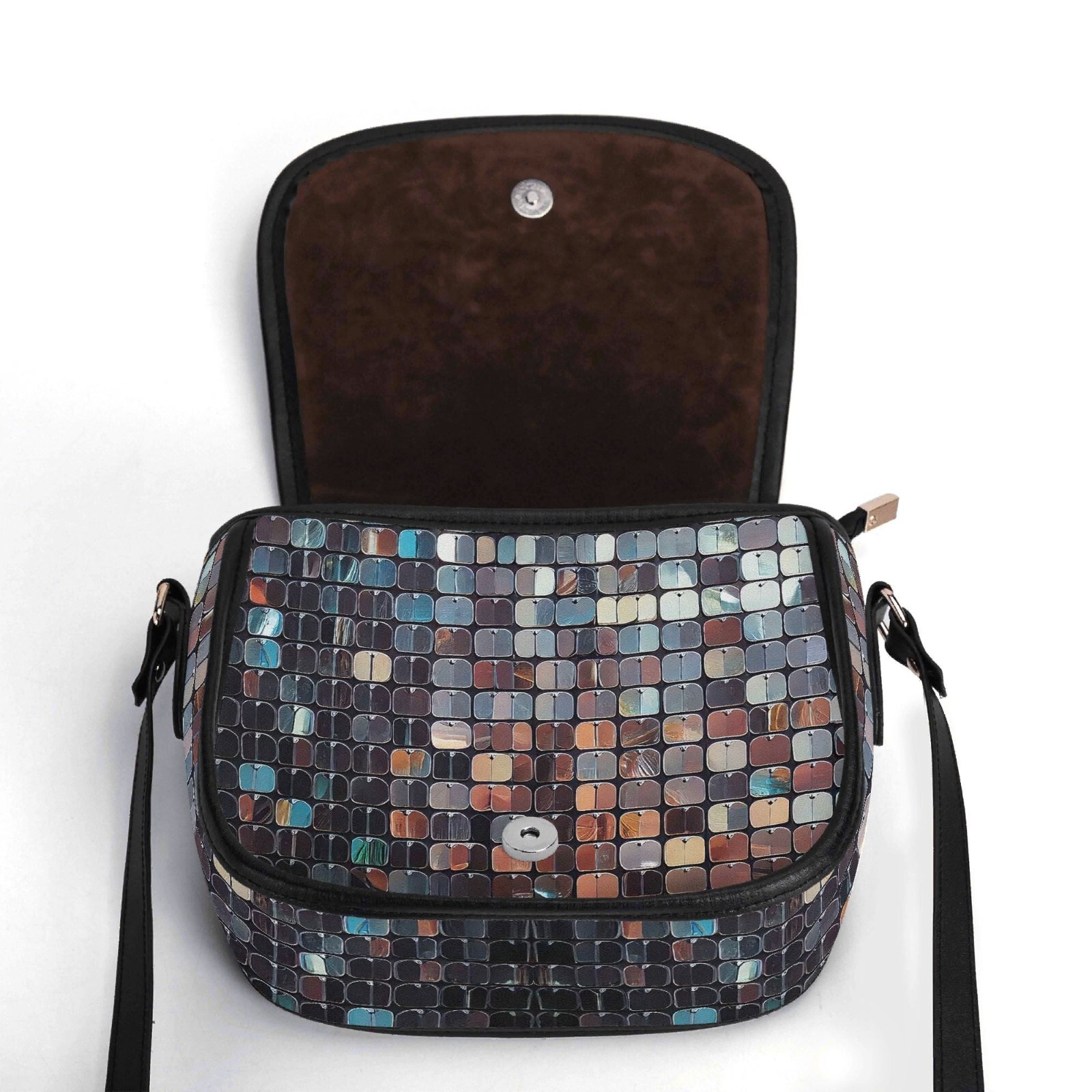 Sequin Tiles Scales Genuine Leather Saddle Shoulder Bag Handbag Silver Disco