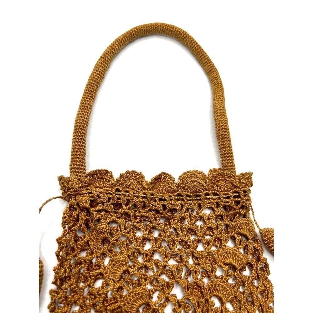 Vintage Handmade Open Crochet Drawstring Handbag Purse Bag Unlined