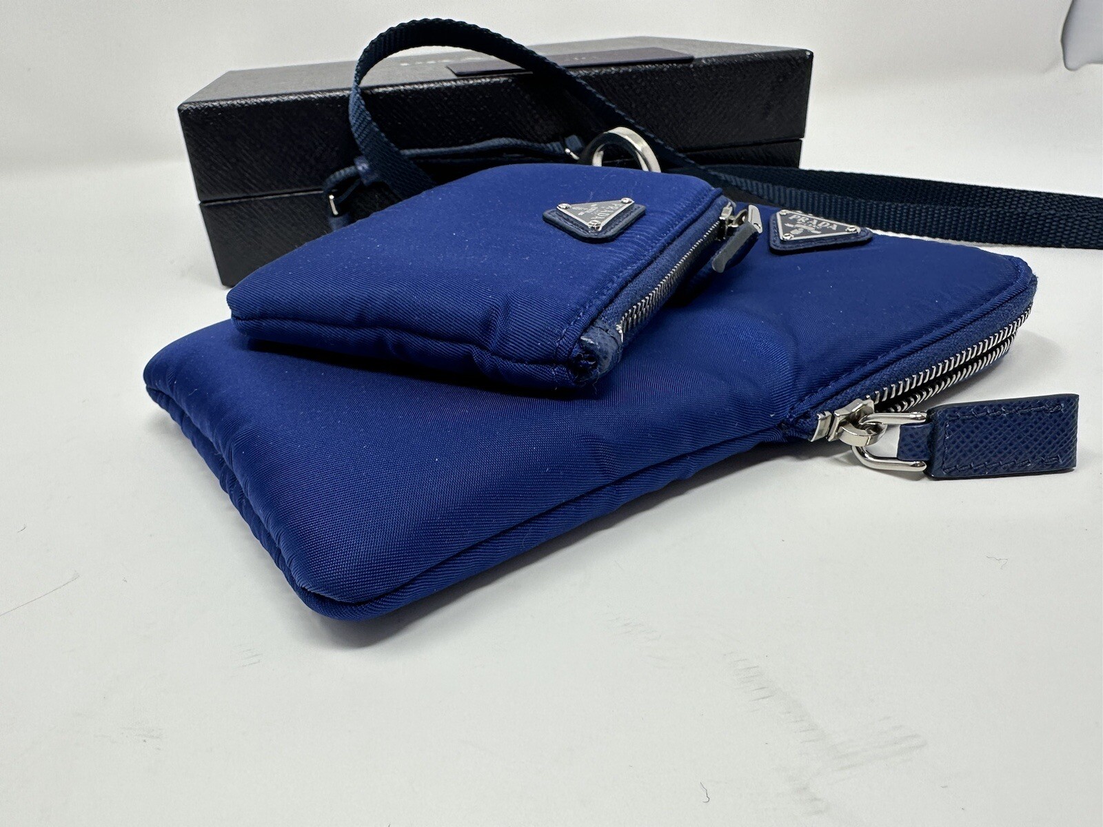 Authentic Prada Re Nylon Cellphone Case Lanyard 2 Pouch Blue Tessuto NIB