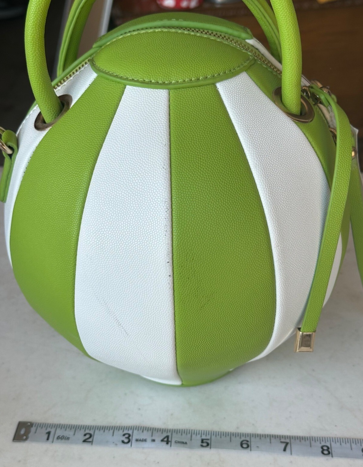 Round Green & White Striped Purse Handbag w/Dual Green Shopper Handles 9.5″-READ