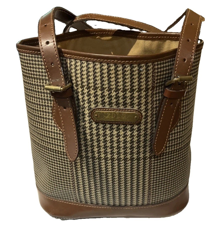 VINTAGE 90’s Polo Ralph Lauren Bucket Tote Bag Houndstooth Brown Leather Medium