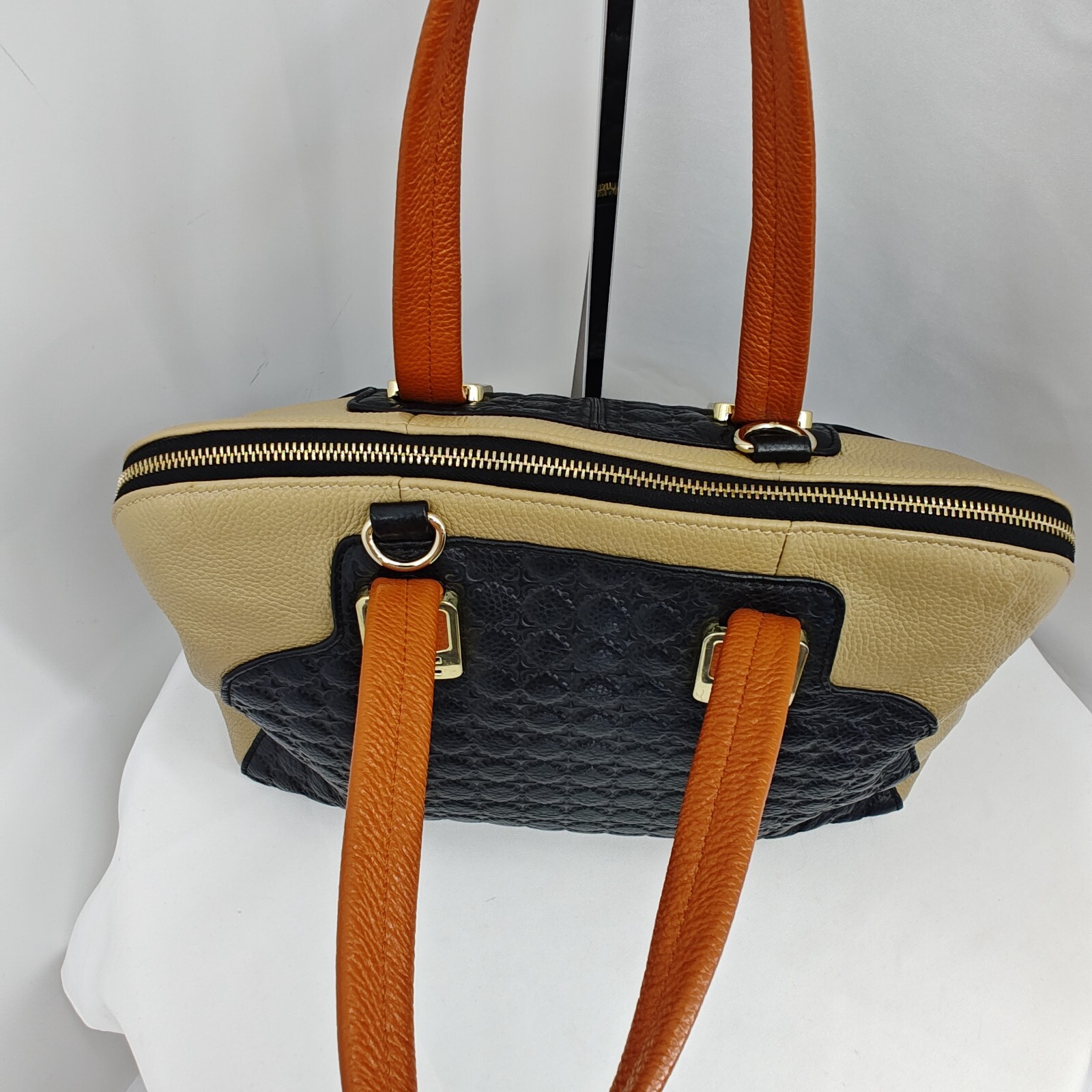 ZOOLER Leather Tri Color Block Handbag Satchel Emboxxed Brown Beige Black