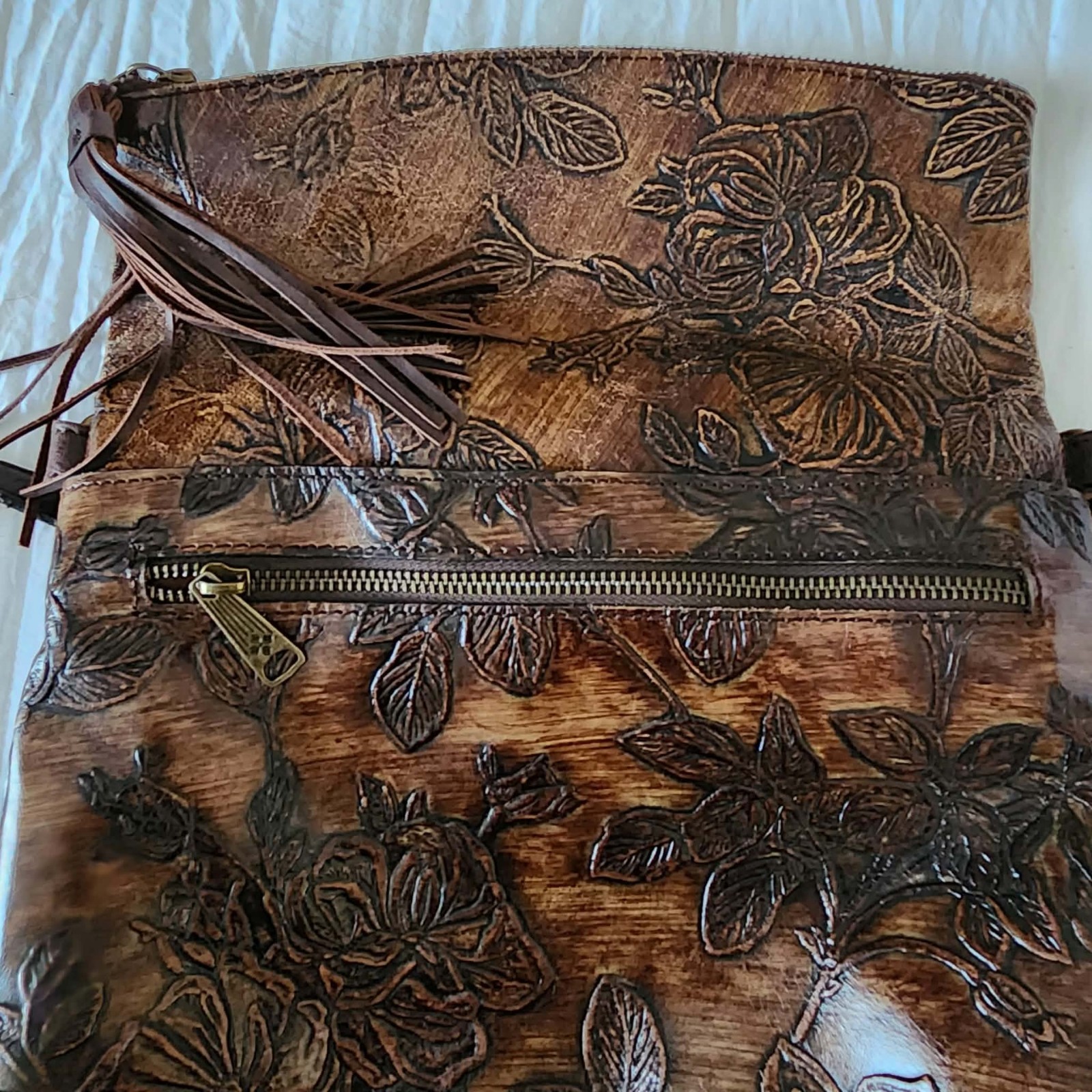 Patricia Nash Luzille Convertible Backpack Floral Embossed Leather Brown Tassel