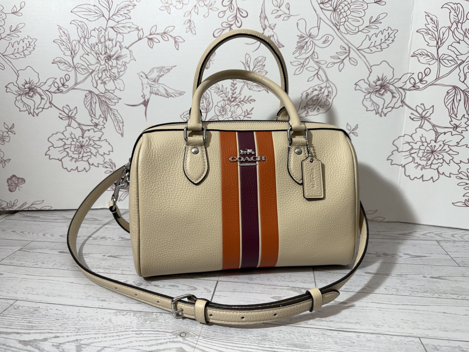 COACH Rowan Satchel Handbag Striped CAO70 Orange Purple Leather Women’s NWT