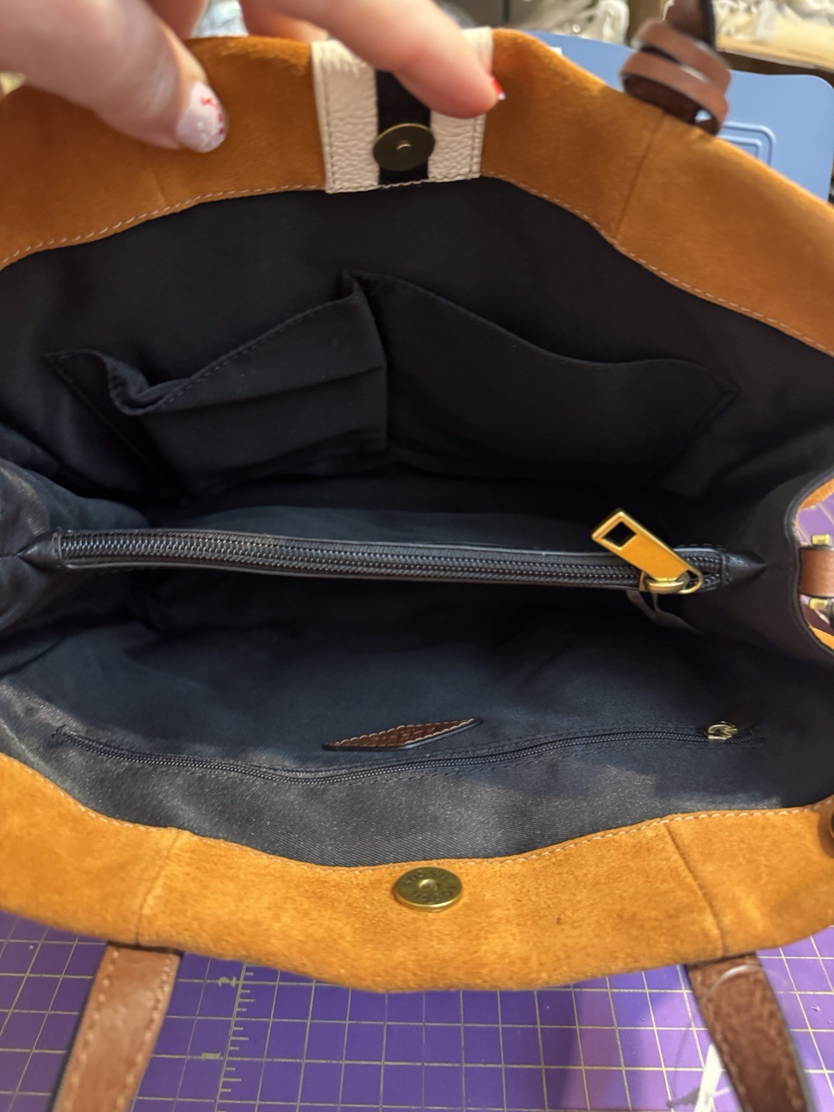 Fossil Carmen Shopper Tote Medium Brown Suede Striped Crossbody Handbag