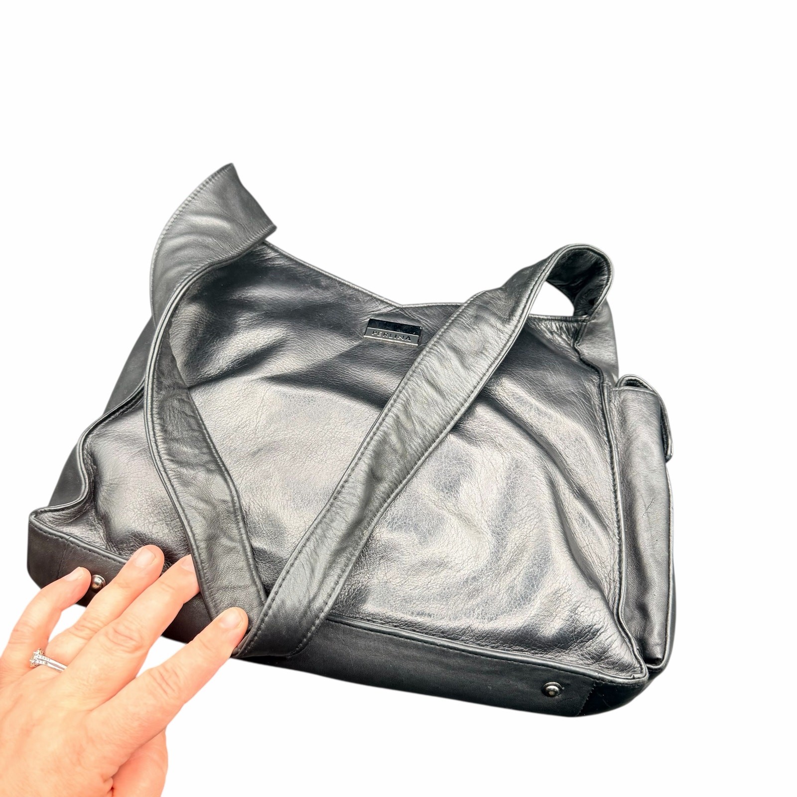 Perlina NY Black Leather Hobo Shoulder Bag Soft Slouchy Zip Pocket